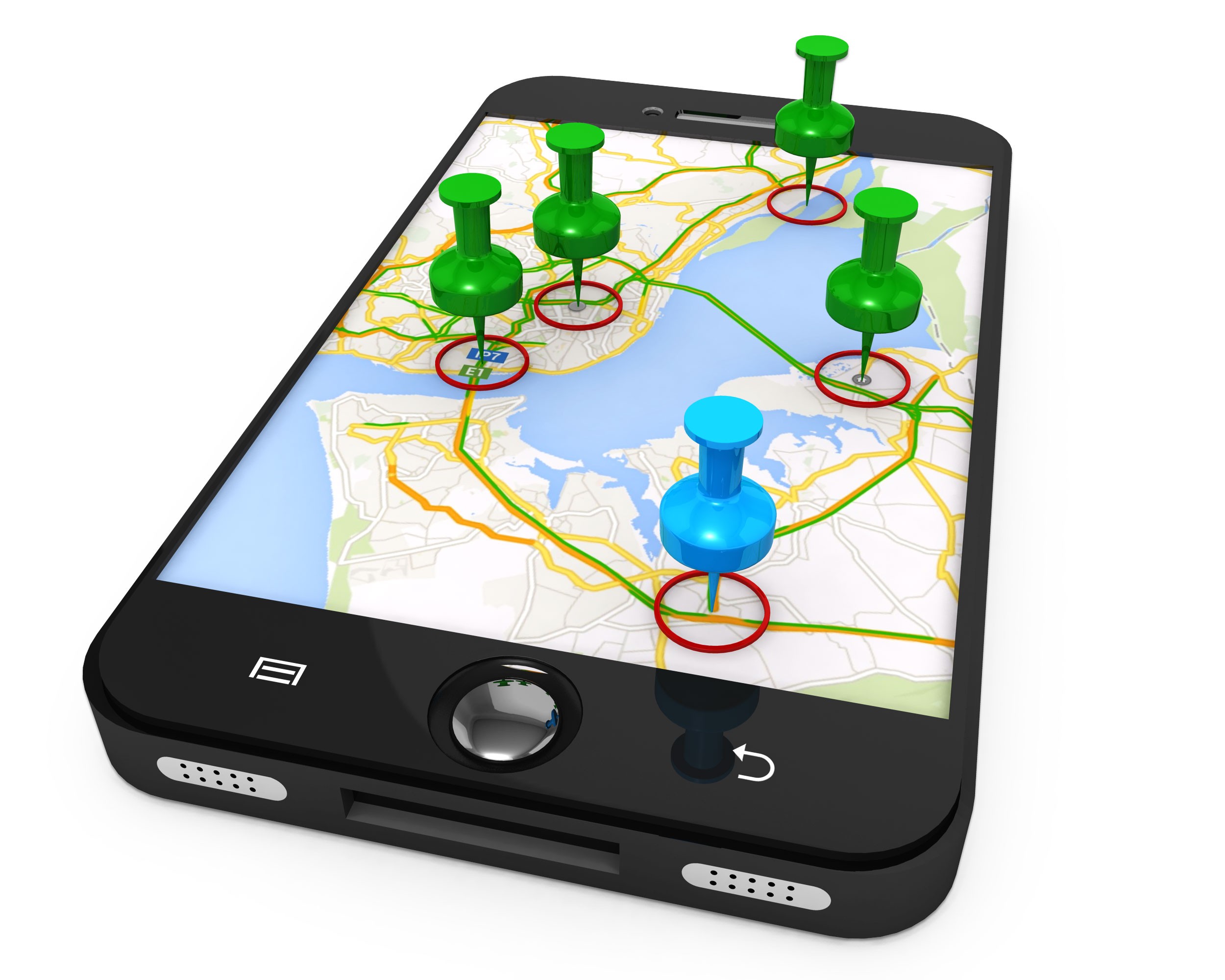 3d graphic of mobile with map and clipart pins stock photo