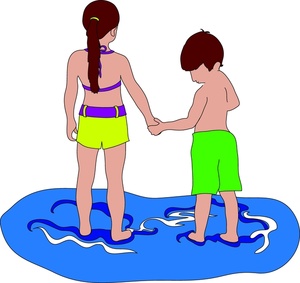 Kids clipart image brother and sister at the beach holding hands