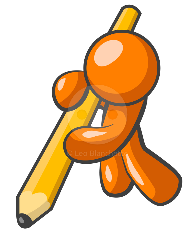 Clipart illustration orange man with giant pencil writing memo or