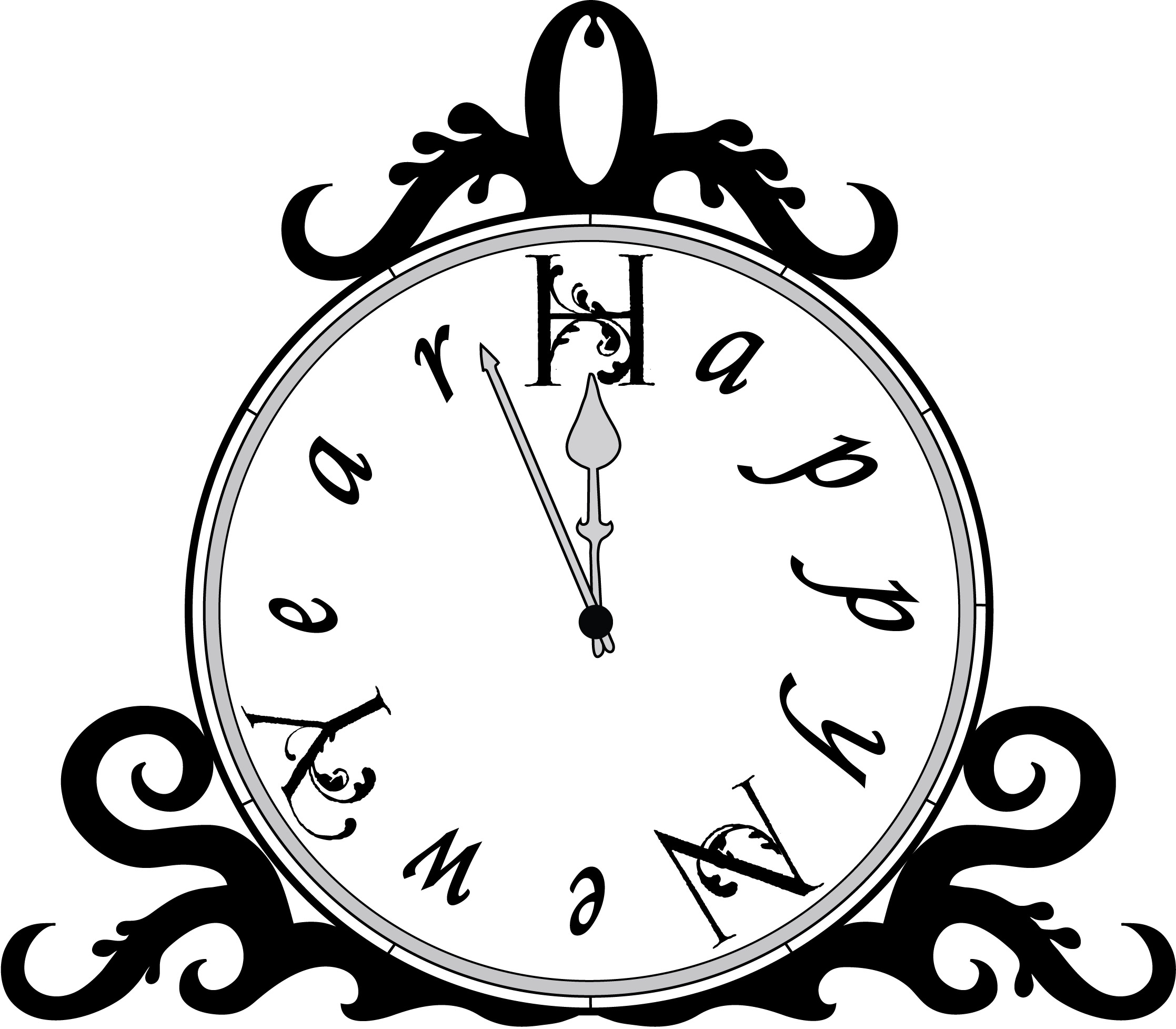 New year clock clipart black and white happy holidays