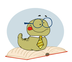 Homework clipart image bookworm cartoon character on a textbook