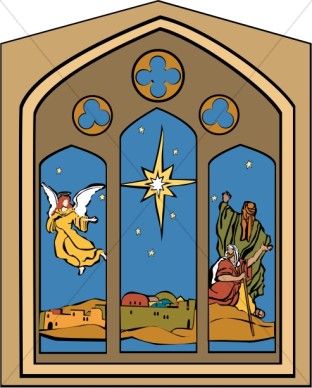Nativity window with star angel and shepherds nativity clipart
