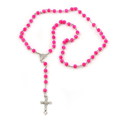 Long neon pink bead cross rosary necklace cm length clip art