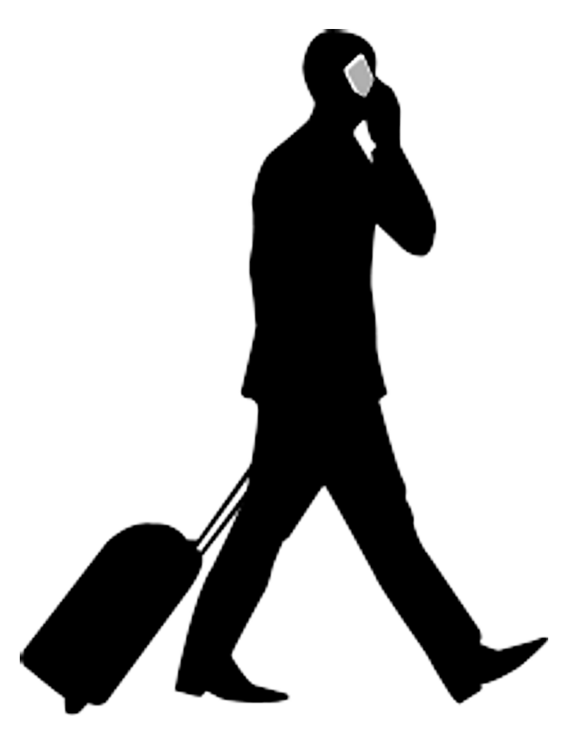 Silhouette of a businessman pulling luggage while talking on cell clip art