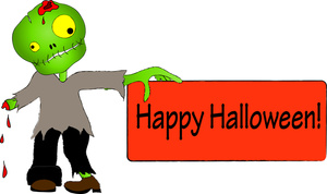 Zombie clipart image a green zombie holding a happy halloween sign