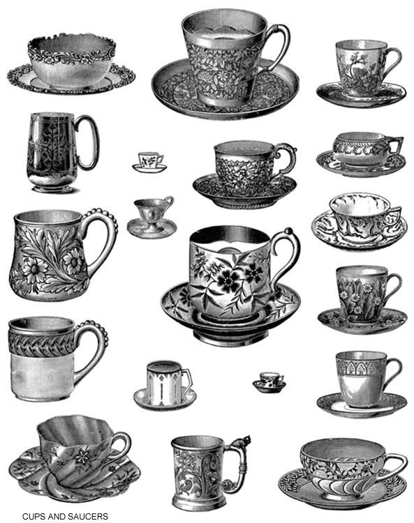 Teacup lots of tea cups clip art vintage black and white pics