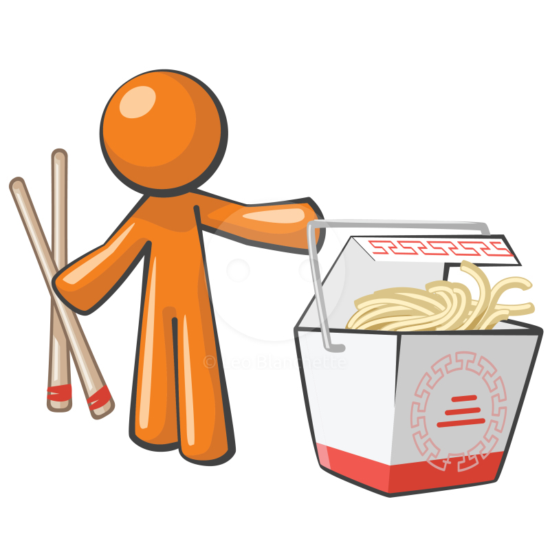 Clipart illustration of orange man serving chinese food and
