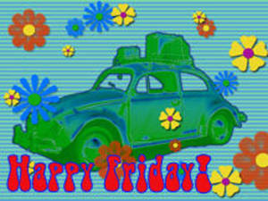 Happy friday free clipart picture of a retro volkswagon and flowers for happy