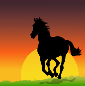 Wild stallion clipart image horse galloping at sunset in a field