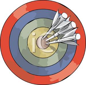 Three darts on the bullseye dartboard clipart