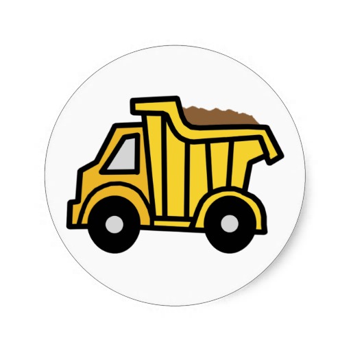 Cartoon clip art with a construction dump truck round stickers