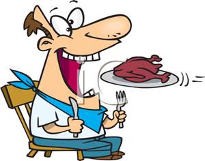 Hungry a man wearing a bib holding a knife and fork consuming a whole turkey clip art