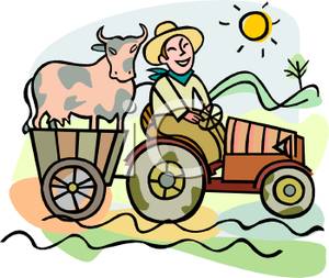A smiling farmer and a cow in a tractor clipart