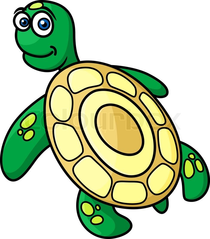 Cartoon sea turtle rear view of cute green sea turtle with yellow shell in cartoon clipart