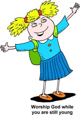 Image young girl looking up with hands raised worship god while clip art