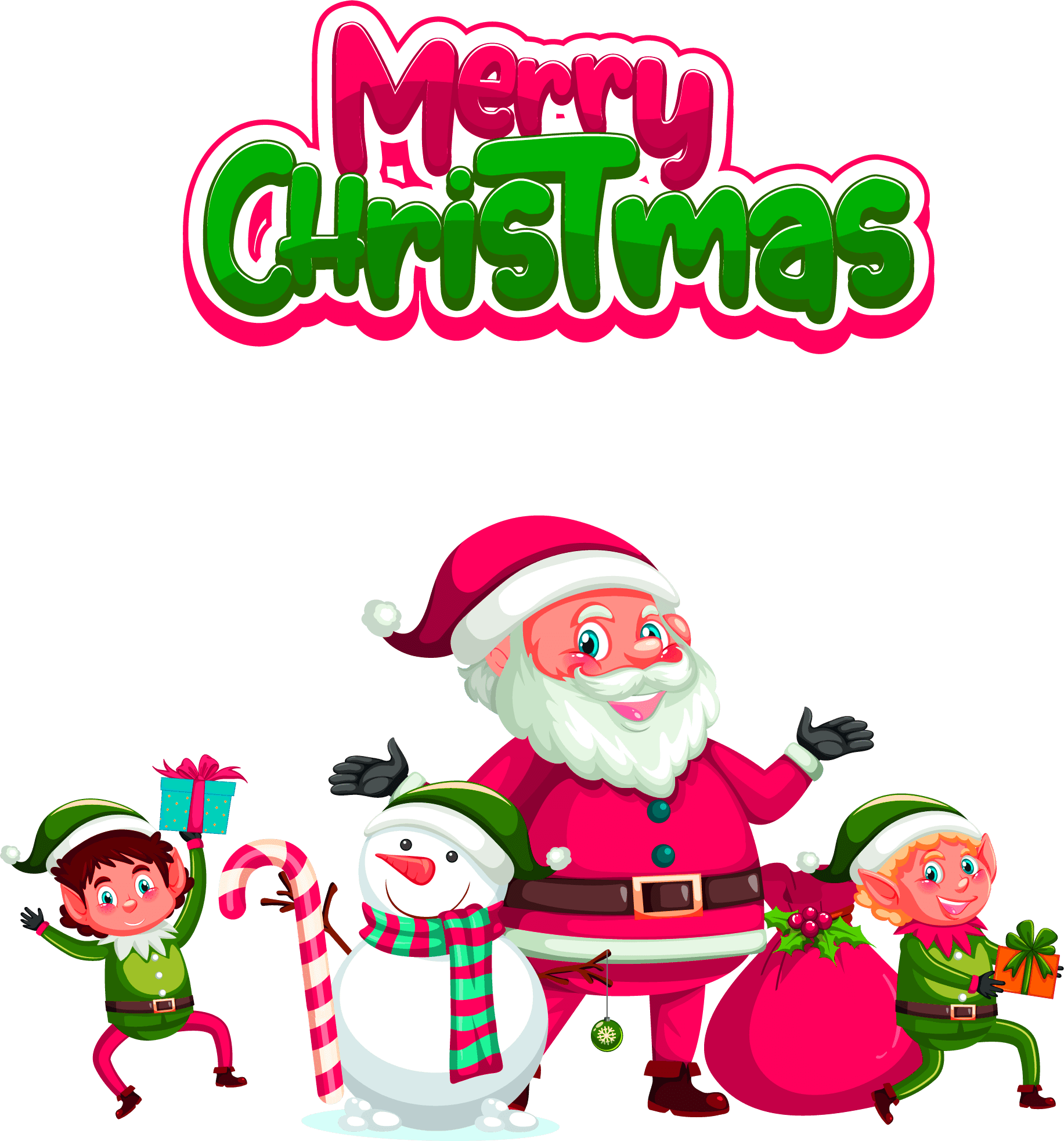 Merry christmas clipart santa snow man with children vector