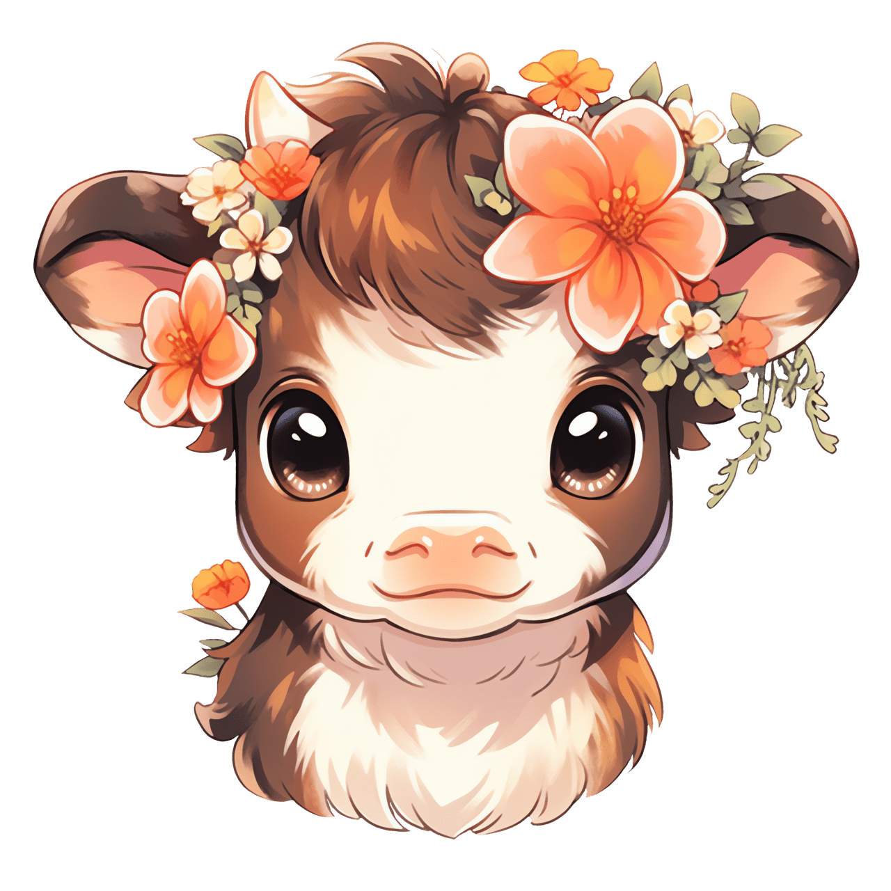 Cute kawaii cottagecore baby cow in summer flowers rustic colors sticker clipart background