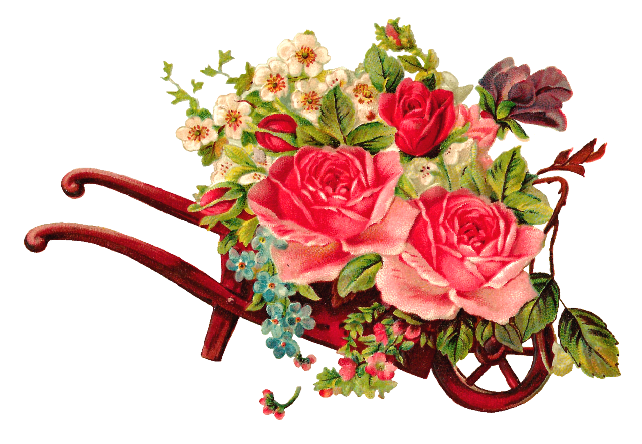 Flowers digital flower rose images of bouquet in wooden wheel barrow clipart