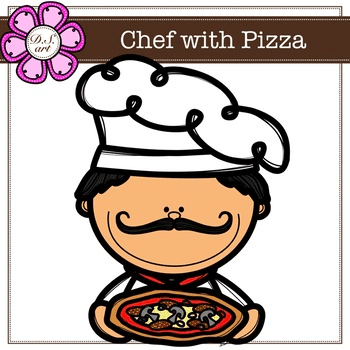 Chef with pizza digital clipart color and black white clip art