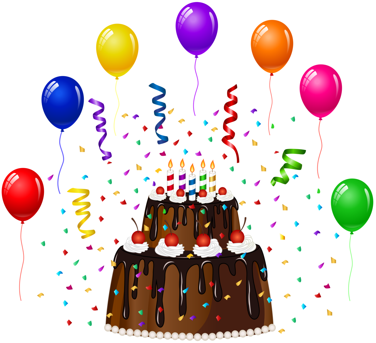 Birthday cake confetti and balloons clipart picture