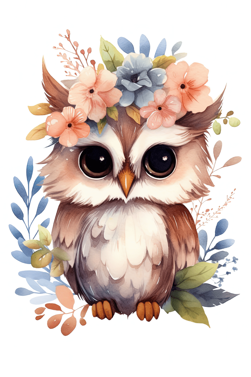 Baby owl with flowers clipart watercolor vector