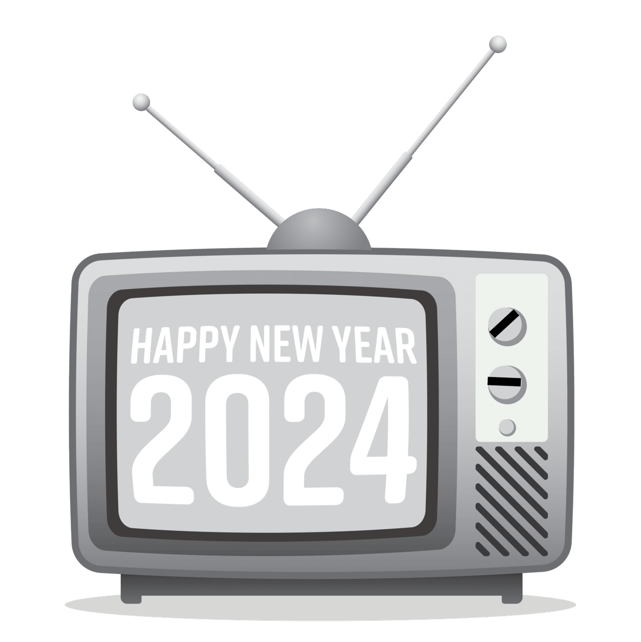 Happy new year 2024 vintage black and white television showing flat design greeting card template clipart photo