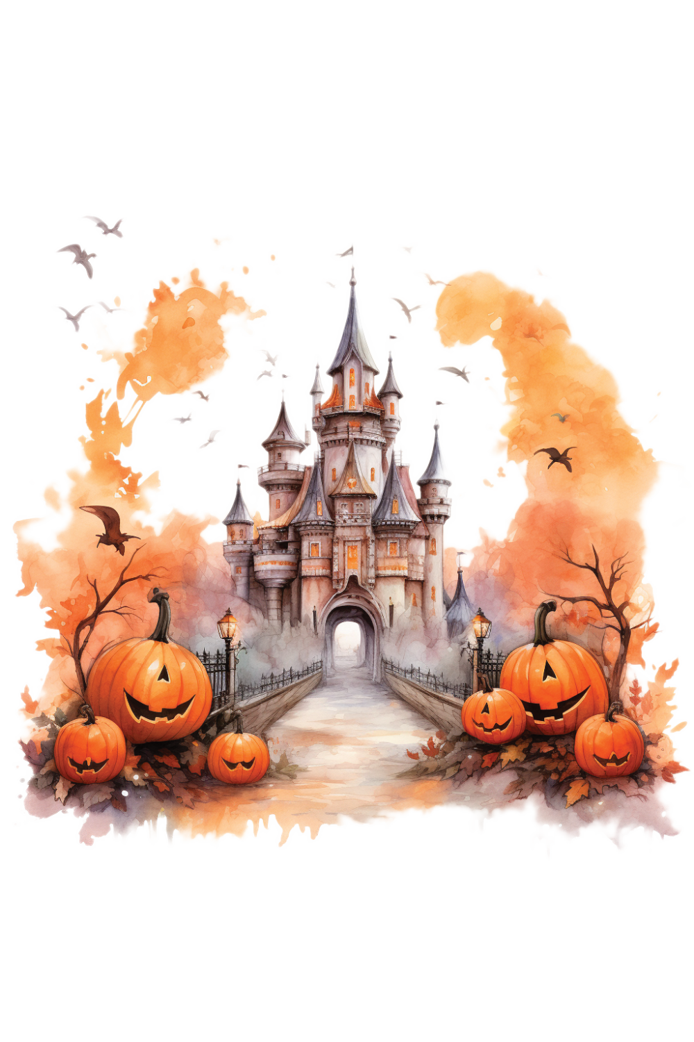 Happy halloween castle scary skeleton witch house fantasy pumpkin hut aquarell watercolor clipart background