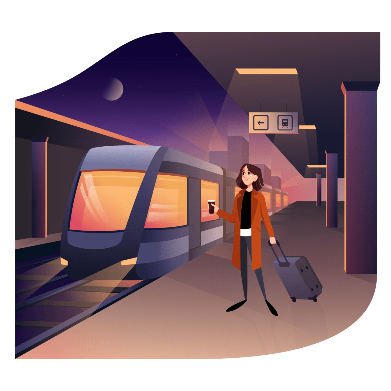 Woman standing with suitcase the train station clipart free