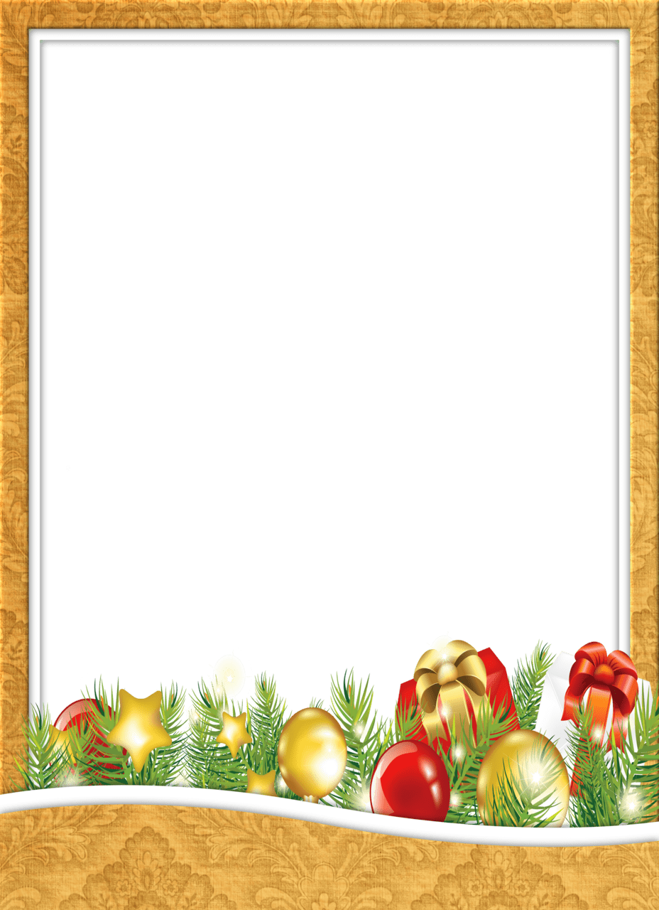 Christmas border yellow photo frame with presents and chrismas balls clipart