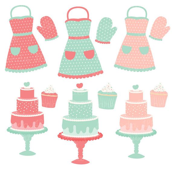 Cake professional baking clipart vectors in mint and coral kitchen cooking apron etsy australia