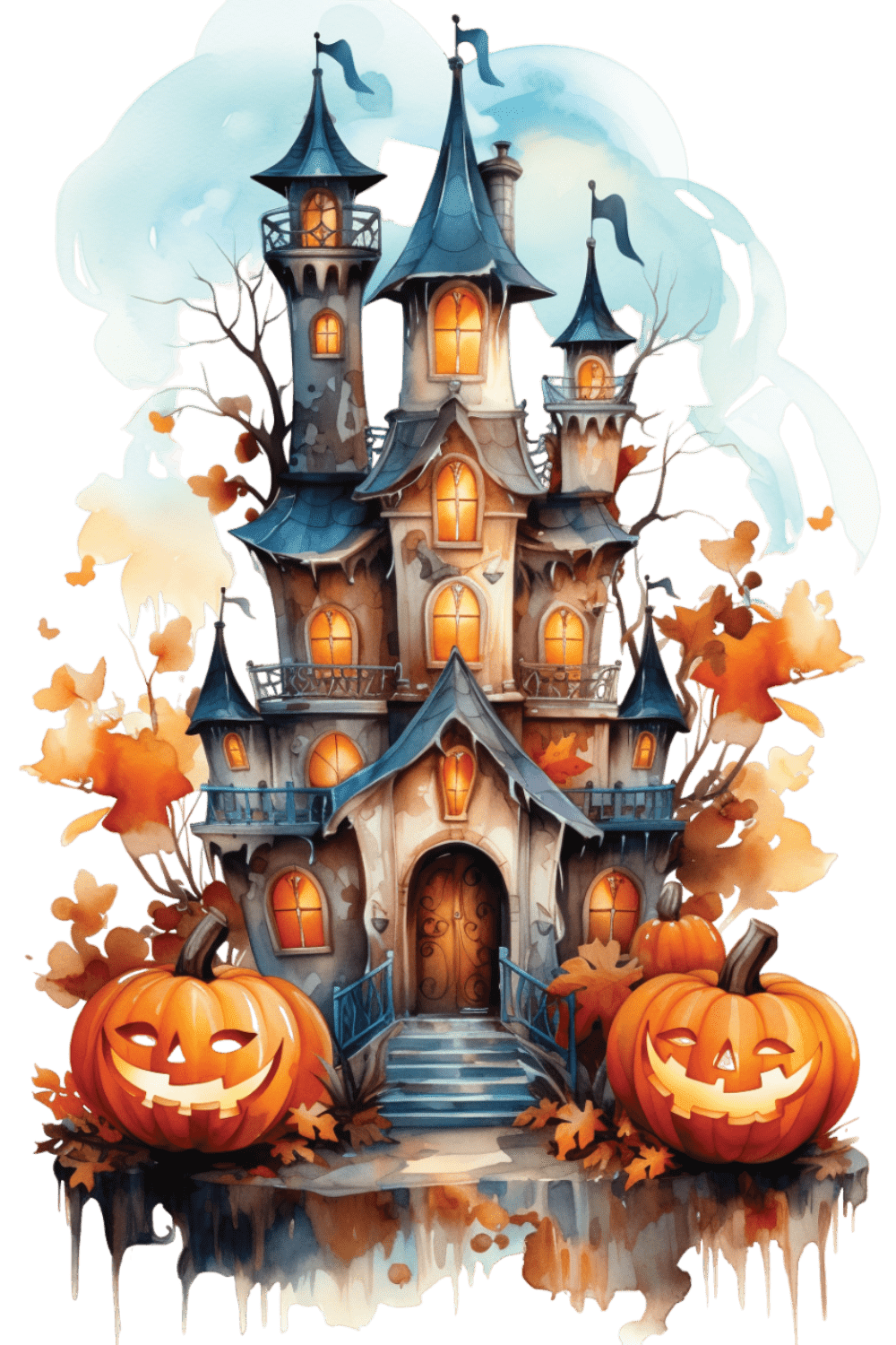 Happy halloween castle scary skeleton witch house cute fantasy pumpk aquarell watercolor clipart transparent