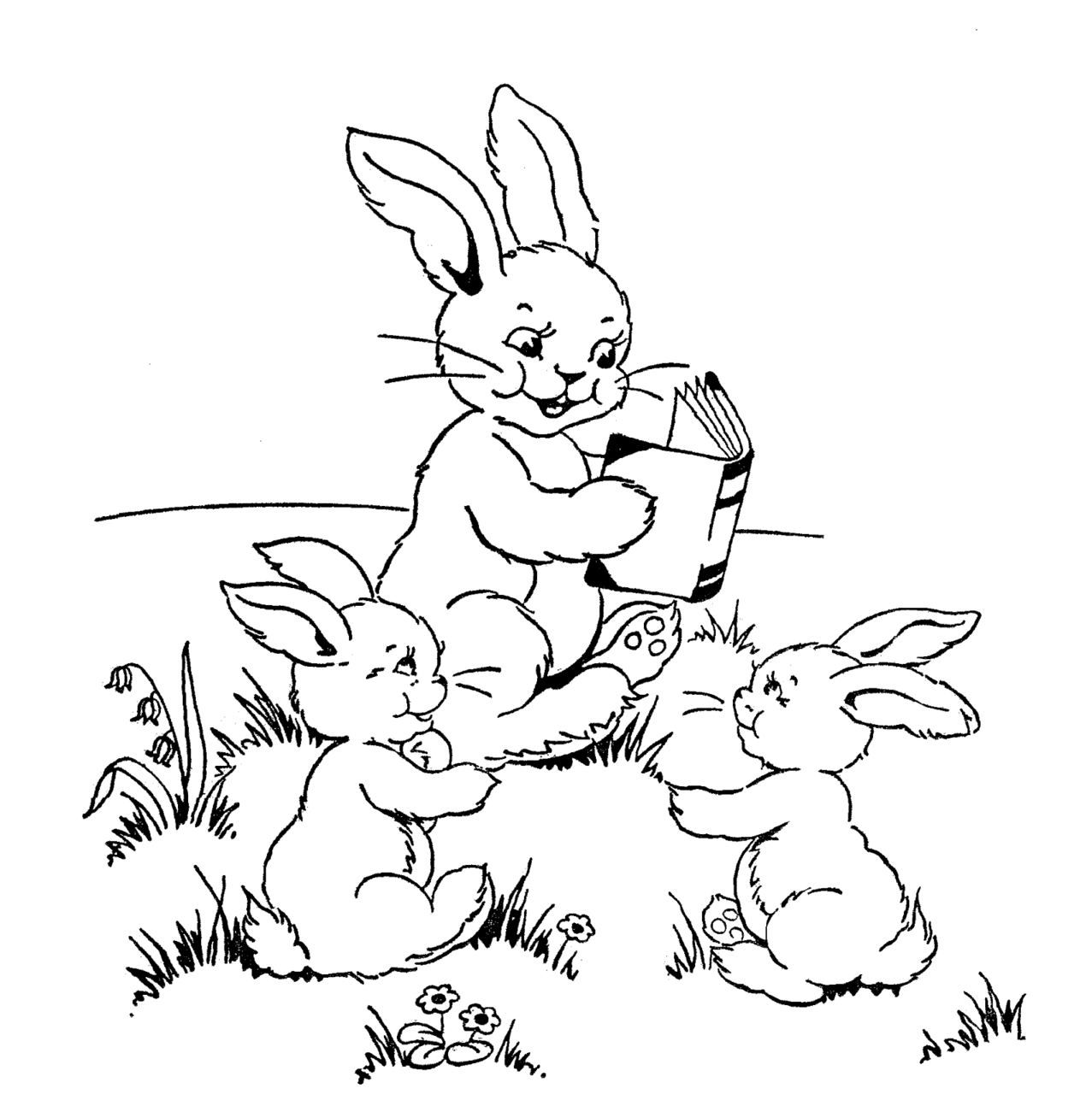 Easter digital stamp mother rabbit reading to baby bunnies clipart picture