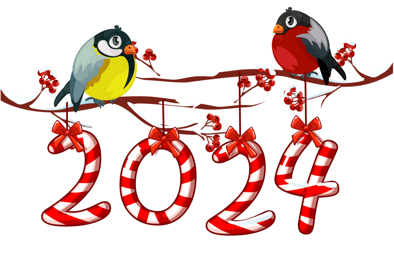 Happy new year 2024 greeting card or poster with candy cartoon bird tit and bullfinch branch clipart free