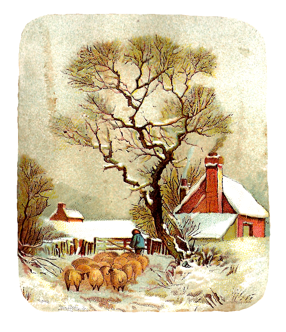 Winter clipart graphic with shepherd and sheep in snow image