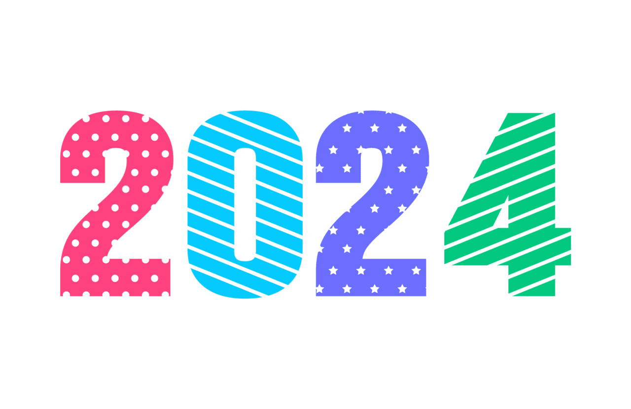 Happy new year 2024 colorful text logo typography design concept xmas greetings with numbers in the form of colored stained glass art template calligraphy clipart