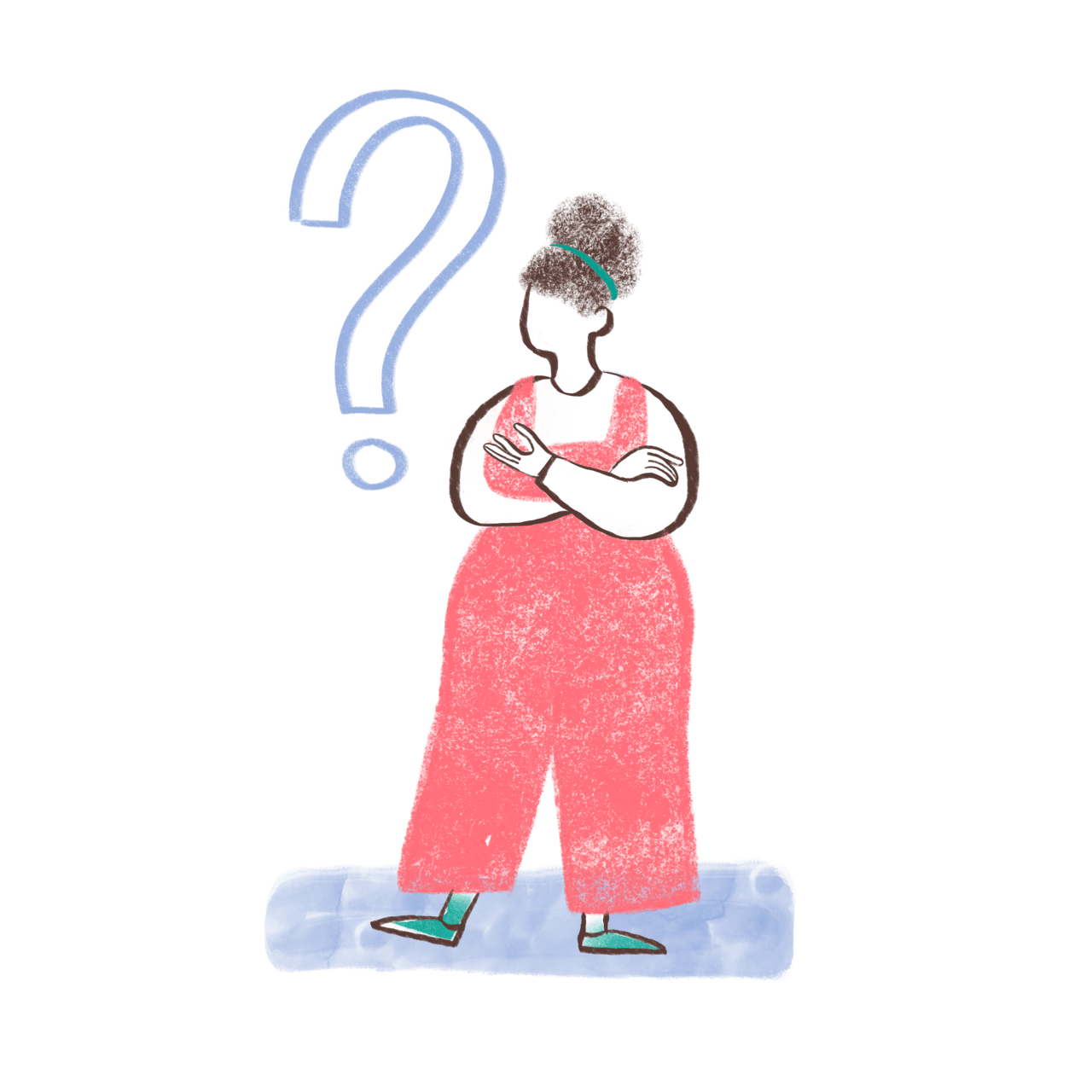 Curvy woman stand near question mark clipart logo