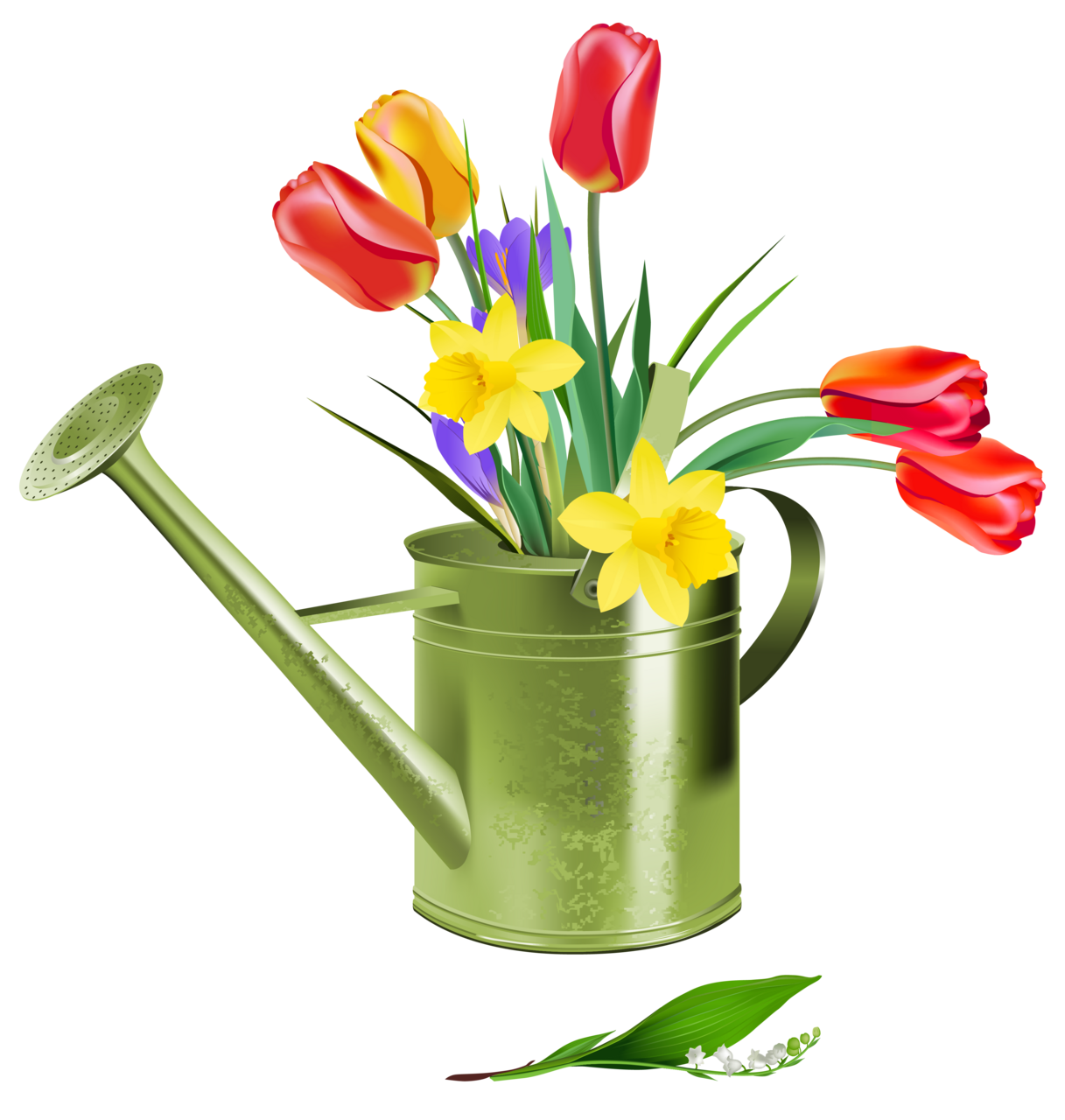 Green watering can with spring flowers clipart logo
