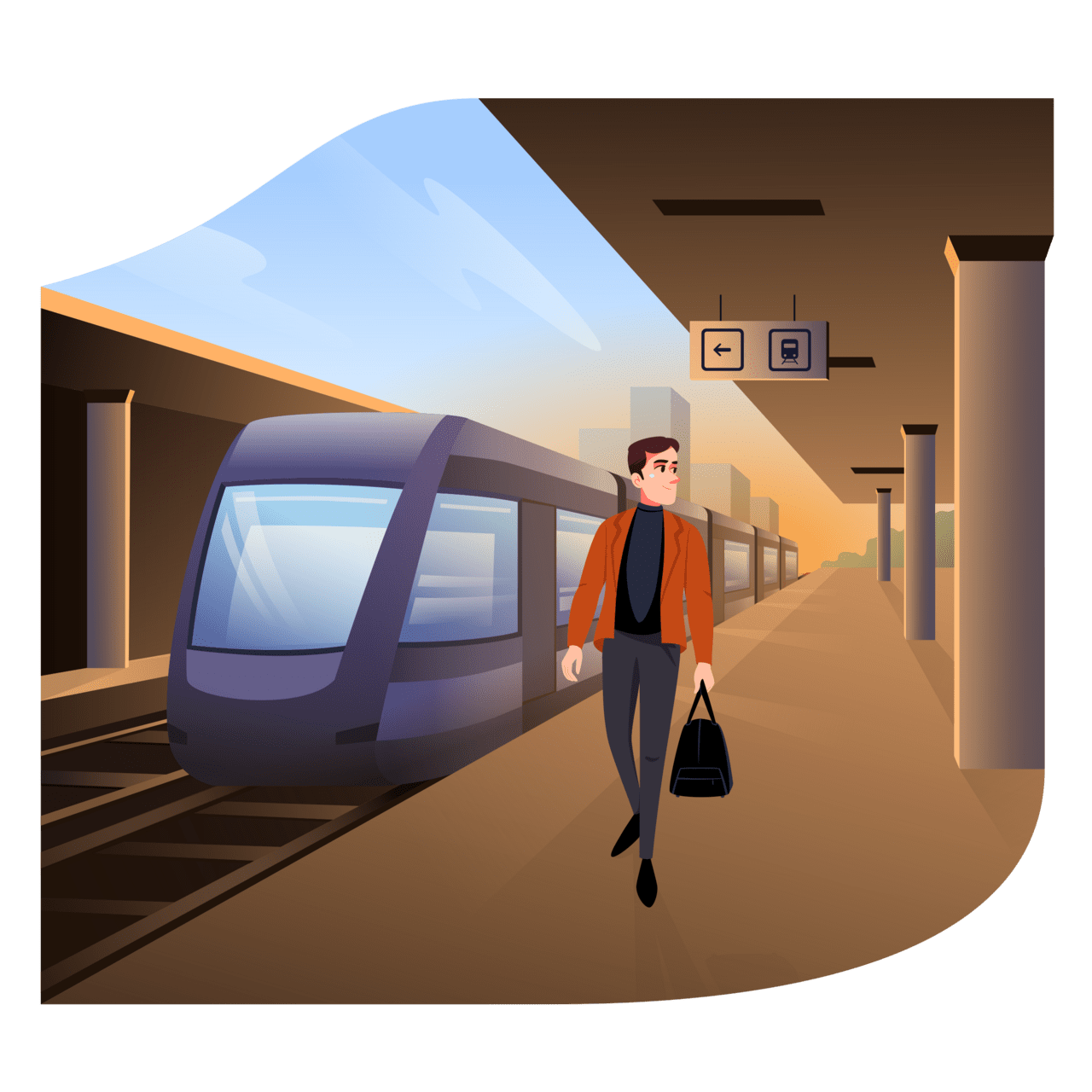 Train man walks with bag the tra station clipart background