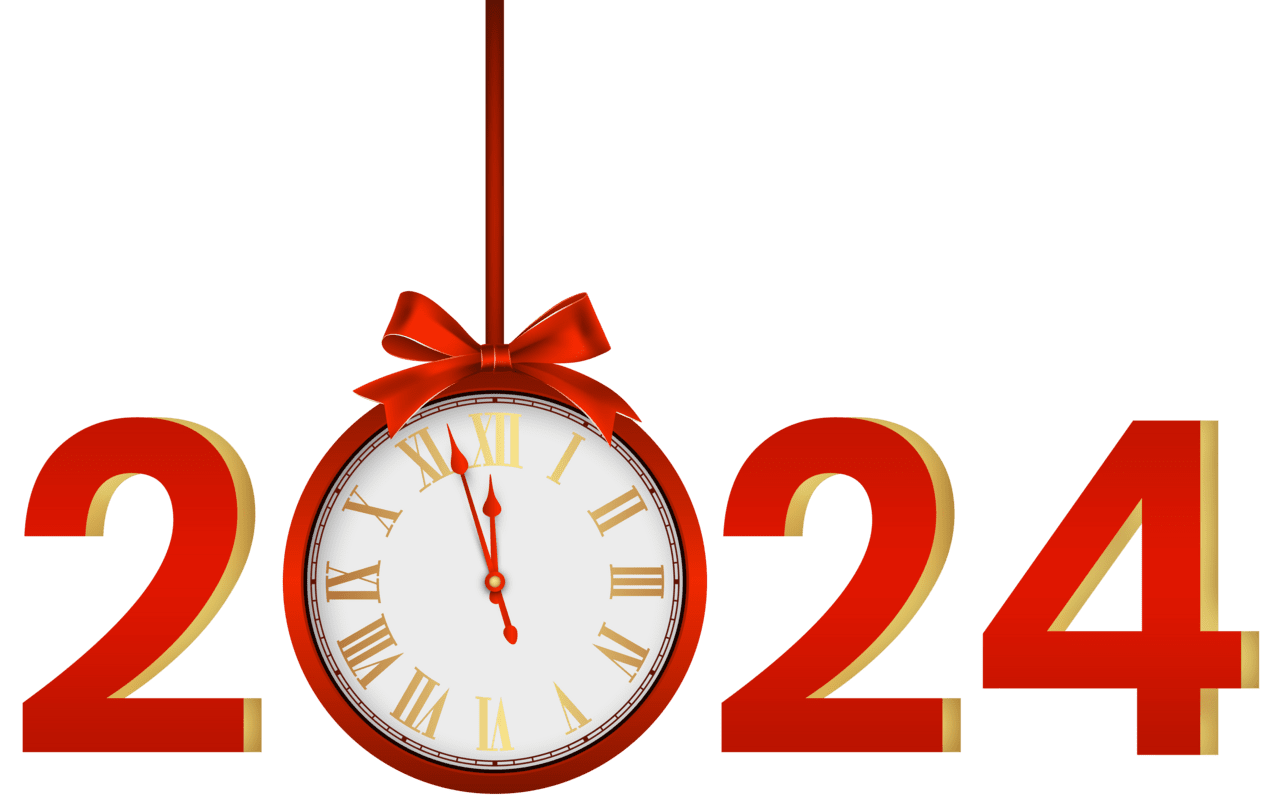 Happy new year 2024 with clock red clipart high quality images and