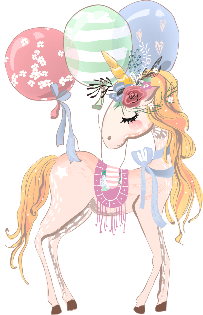 Hand drawn unicorn with floral wreaths tied bows and balloons fairy drawings baby clipart vector