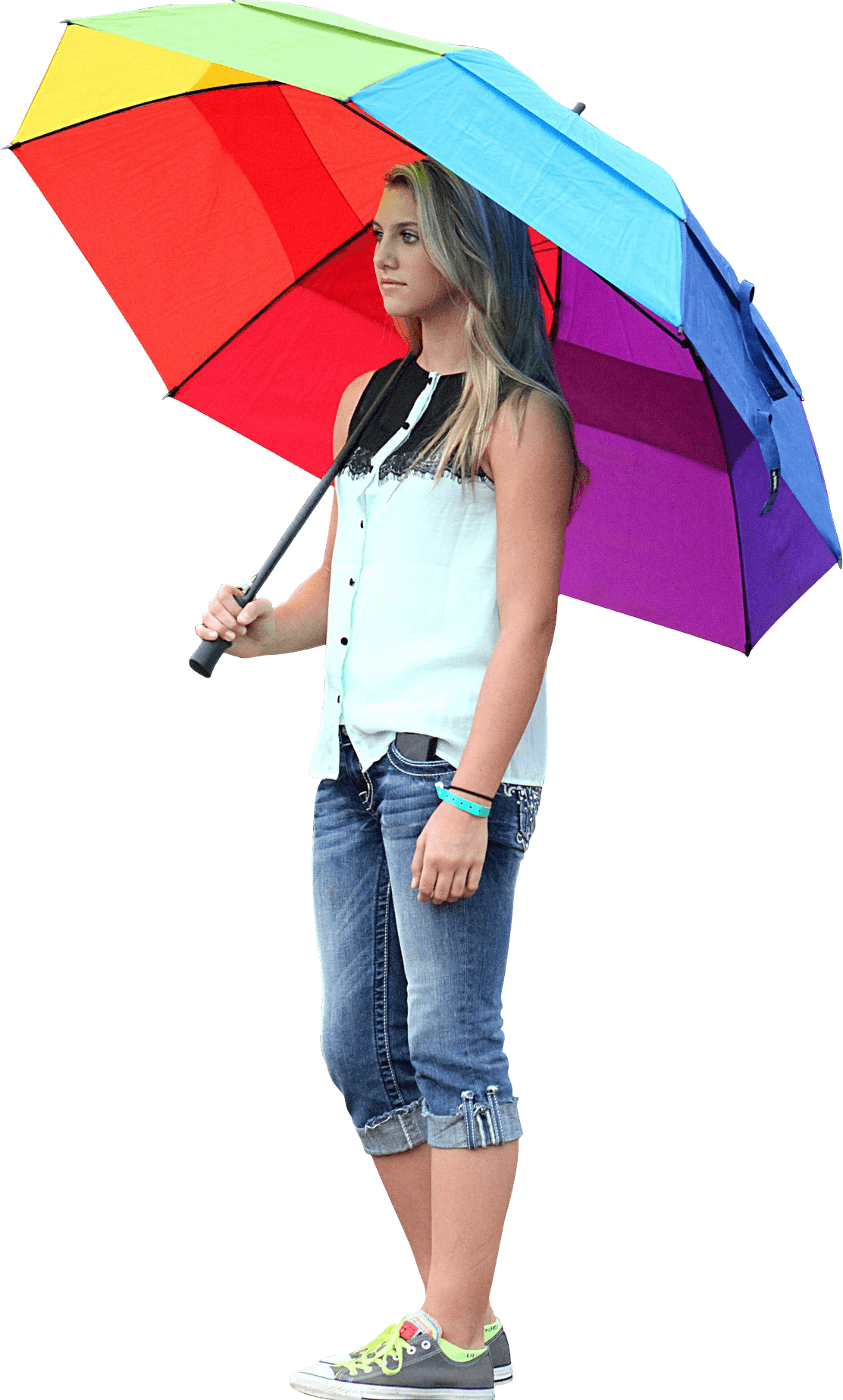 Lady standing rain big multicolored umbrella clipart background