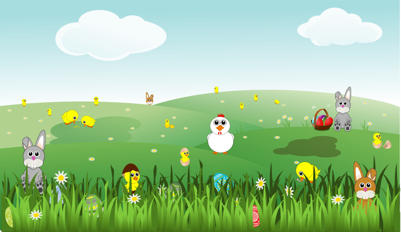 Easter bunny landscape with bunnies chicks eggs chicken flowers clipart photo