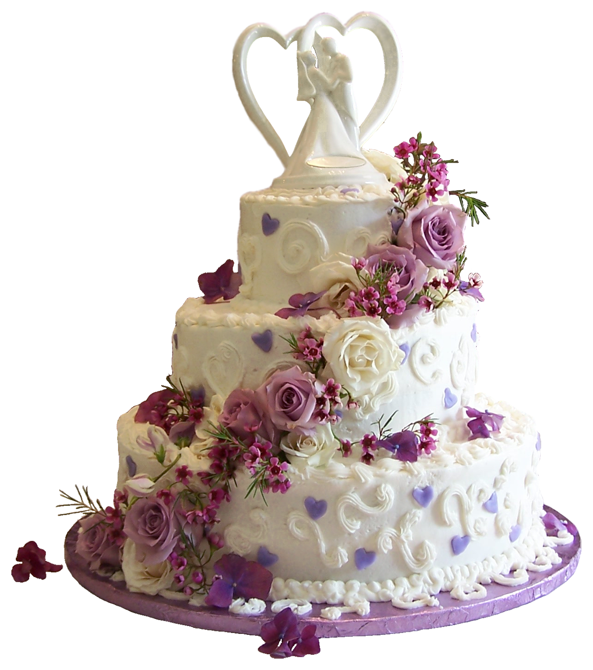 White wedding cake with purple roses clipart logo