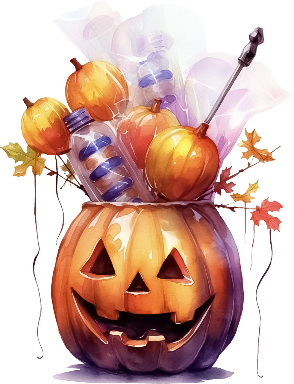 Jack lantern whimsical watercolor halloween pumpkin sweets basket clipart background