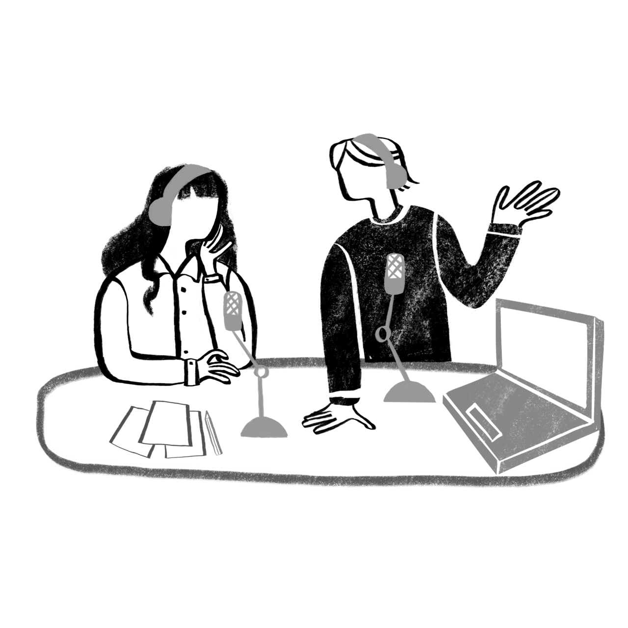 Communication black and white two hosts talking podcast clipart vector