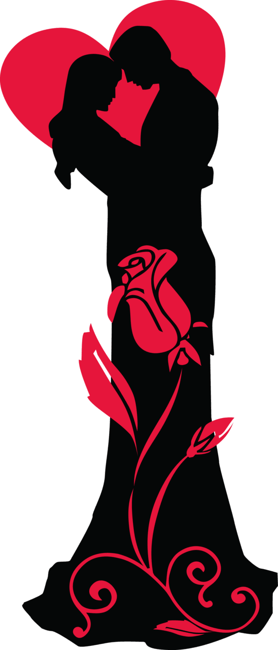Love loving couple silhouettes with red heart and rose clipart picture