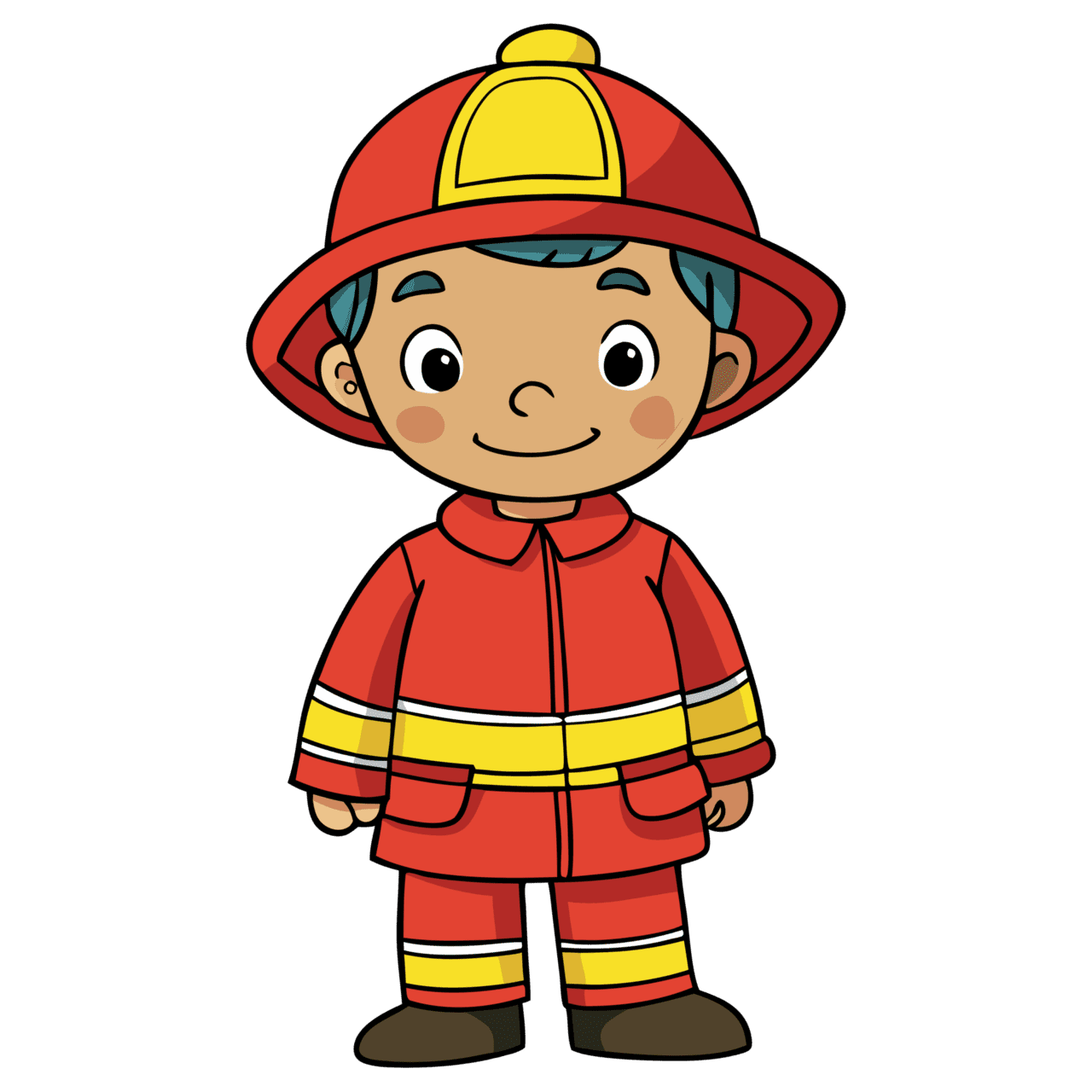 Cute cartoon boy in firefighter uniform with happy expression perfect for educational materials and kids content clipart background