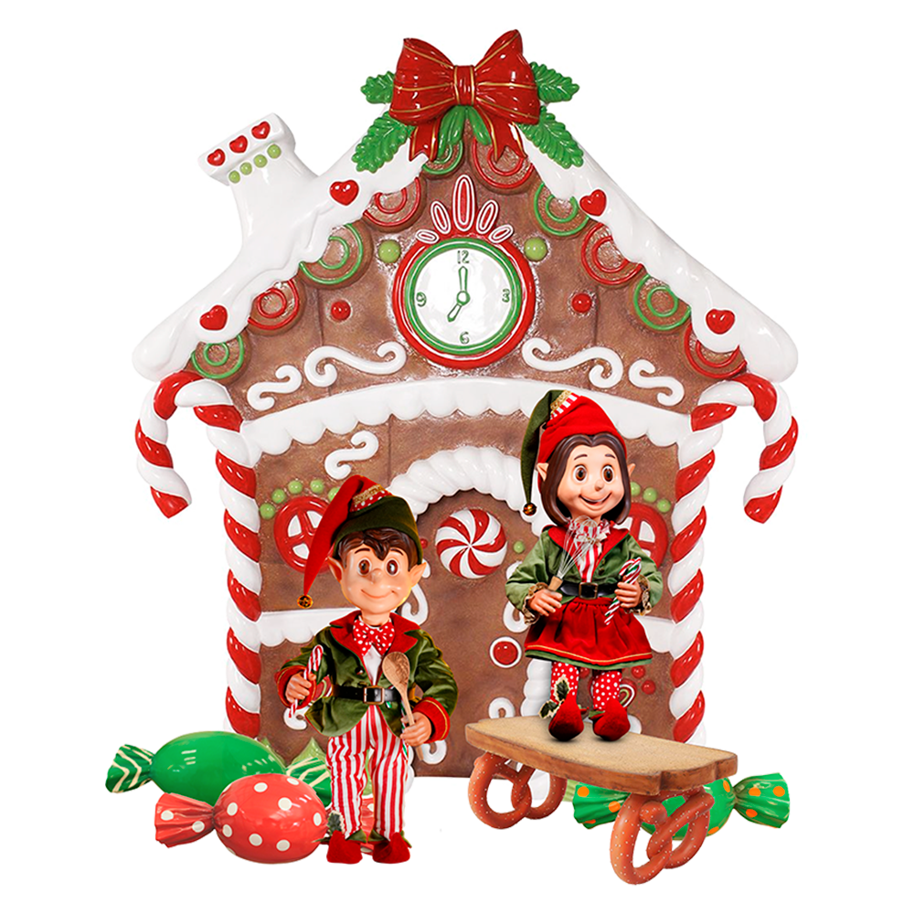 Gingerbread house with candy elves creation group clipart vector