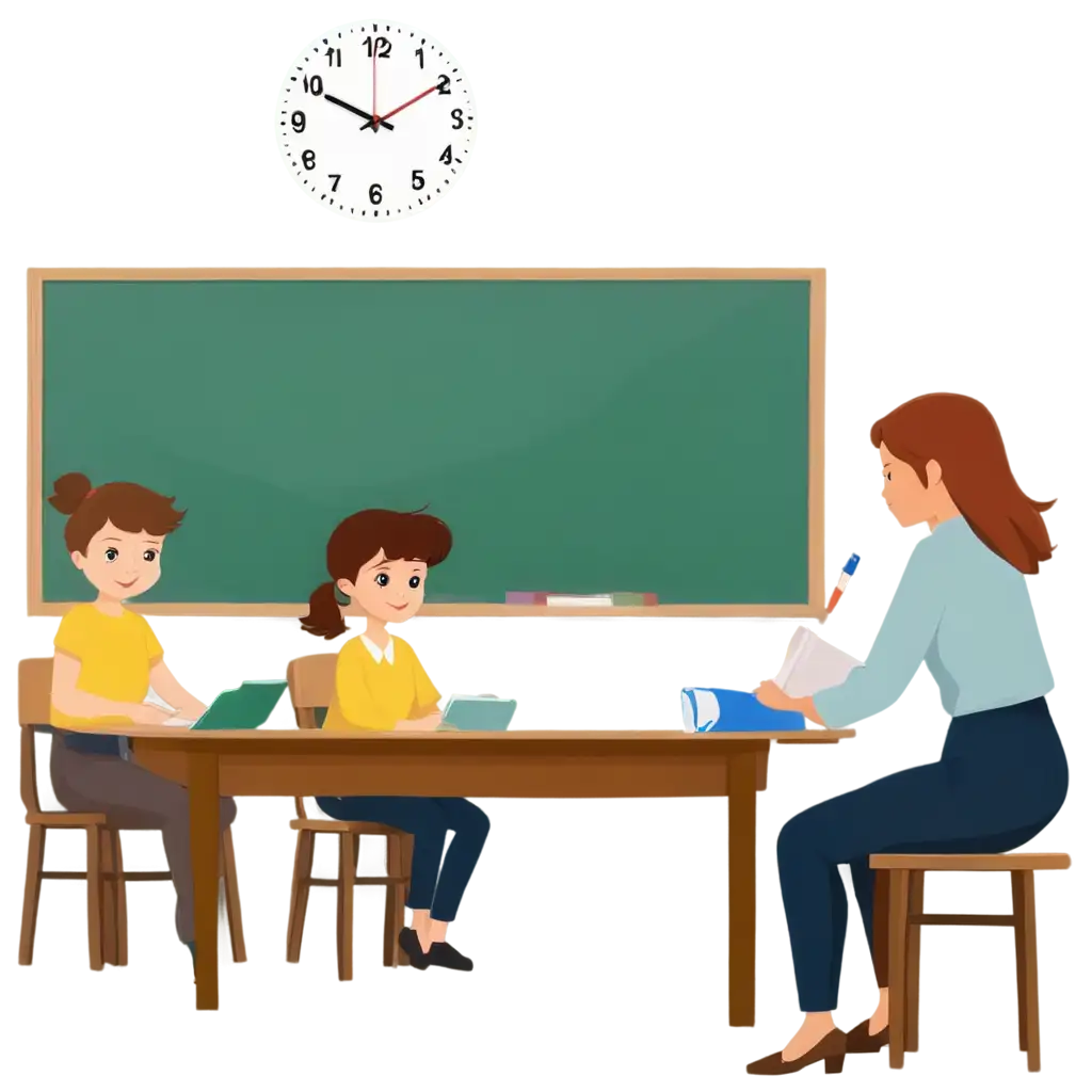 Highquality clipart kids studying in classroom with teacher charts clock and bookshelf prompt transparent