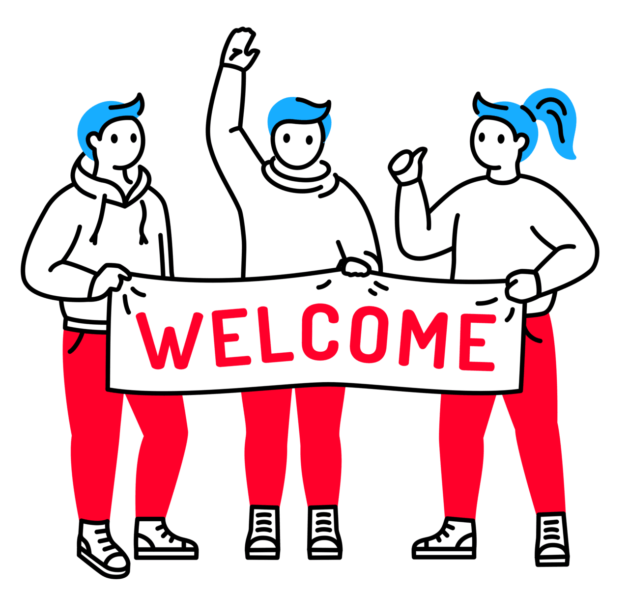Welcome two men and woman hold wel sign clipart logo